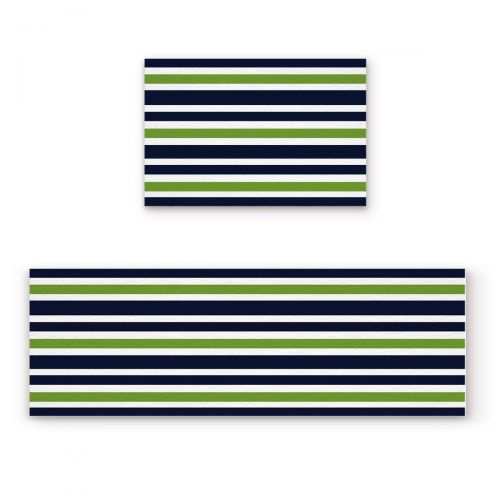  Livencher Kitchen Mats 2 Piece Rubber Backing Non-Slip Kitchen Bathroom Mat Doormat Area Rugs - Navy Blue, Lime Green and White Stripe 15.7x23.6in+15.7x47.2in