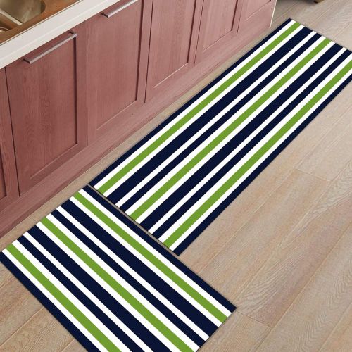  Livencher Kitchen Mats 2 Piece Rubber Backing Non-Slip Kitchen Bathroom Mat Doormat Area Rugs - Navy Blue, Lime Green and White Stripe 15.7x23.6in+15.7x47.2in