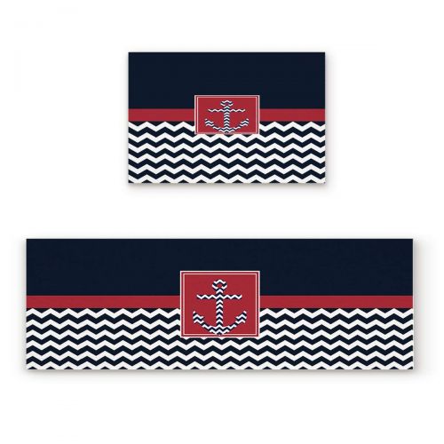 Livencher Non Slip Kitchen Mats and Rugs,19.7x31.5in+19.7x63in Nautical Anchor Chevron Navy and White Indoor Floor Area Rug Low Profile Absorbent Runner for Home Bathroom Bath Bedroom