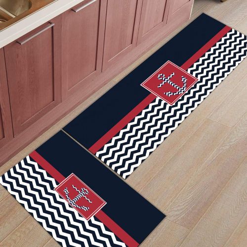  Livencher Non Slip Kitchen Mats and Rugs,19.7x31.5in+19.7x63in Nautical Anchor Chevron Navy and White Indoor Floor Area Rug Low Profile Absorbent Runner for Home Bathroom Bath Bedroom