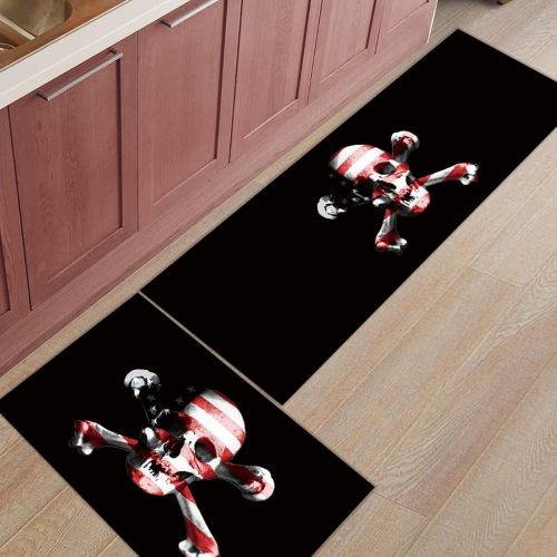  Livencher Non Slip Kitchen Mats and Rugs,15.7x23.6in+15.7x47.2in American Flag Skull Heads Indoor Floor Area Rug Low Profile Absorbent Runner for Home Bathroom Bath Bedroom