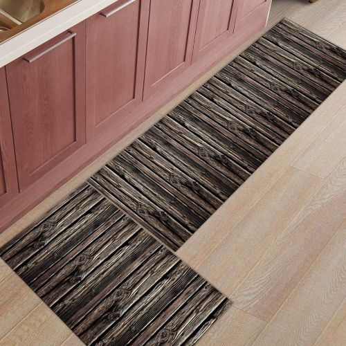  Livencher Non Slip Kitchen Mats and Rugs,15.7x23.6in+15.7x47.2in Rustic Old Wood Plank Indoor Floor Area Rug Low Profile Absorbent Runner for Home Bathroom Bath Bedroom