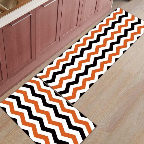  Livencher Non Slip Kitchen Mats and Rugs,15.7x23.6in+15.7x47.2in Chevron Orange Black White Indoor Floor Area Rug Low Profile Absorbent Runner for Home Bathroom Bath Bedroom