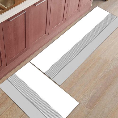  Livencher Non Slip Kitchen Mats and Rugs,19.7x31.5in+19.7x63in Grey White Stripe Indoor Floor Area Rug Low Profile Absorbent Runner for Home Bathroom Bath Bedroom