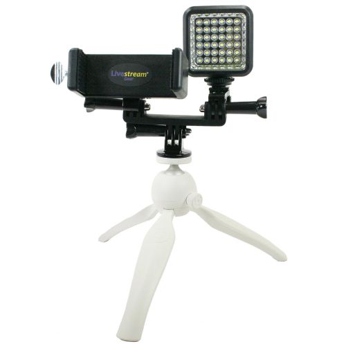  Livestream Gear - Smartphone & LED Light Tripod Setup for Live Stream, Facebook Live, or YouTube, to Fit Regular Sized Devices. Also Works with Sport Cameras. (Lg. Device & LED Tri