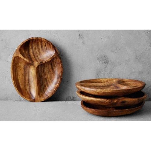  Living Plus Premium Acacia Wooden 3-Compartment Divided Oval Wood Plate Divided Dessert Dish Serving Trays Platters 3 Section