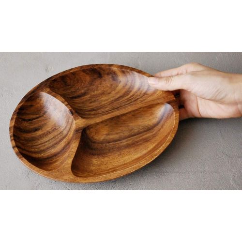  Living Plus Premium Acacia Wooden 3-Compartment Divided Oval Wood Plate Divided Dessert Dish Serving Trays Platters 3 Section