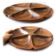 Living Plus Acacia Premium Wooden 5-Compartment Divided Round Wood Plate Divided Dessert Dish Serving Trays Platters 5 Section-Diameter 9.84