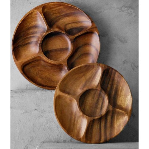  Living Plus Diameter 12 Premium Acacia Wooden 5-Compartment Divided Round Wood Plate Divided Dessert Serving Trays Platters 5 Section