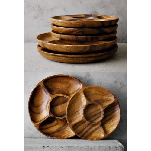  Living Plus Diameter 12 Premium Acacia Wooden 5-Compartment Divided Round Wood Plate Divided Dessert Serving Trays Platters 5 Section