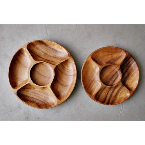  Living Plus Diameter 12 Premium Acacia Wooden 5-Compartment Divided Round Wood Plate Divided Dessert Serving Trays Platters 5 Section