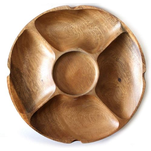  Living Plus Premium Acacia Wooden 5-Compartment Divided Round Wood Plate Divided Dessert Dish Serving Trays Platters 5 Section-Diameter 10