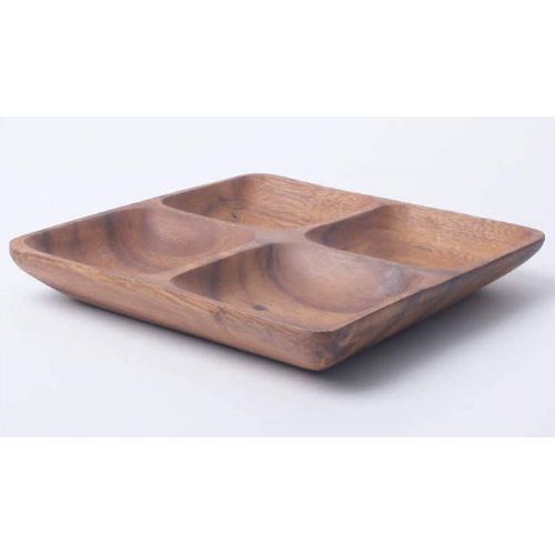  Living Plus Premium Acacia Wooden 4-Compartment Divided Square Wood Plate Divided Dessert Dish Serving Trays Platters 3 Section (Square (10.1x10.1))