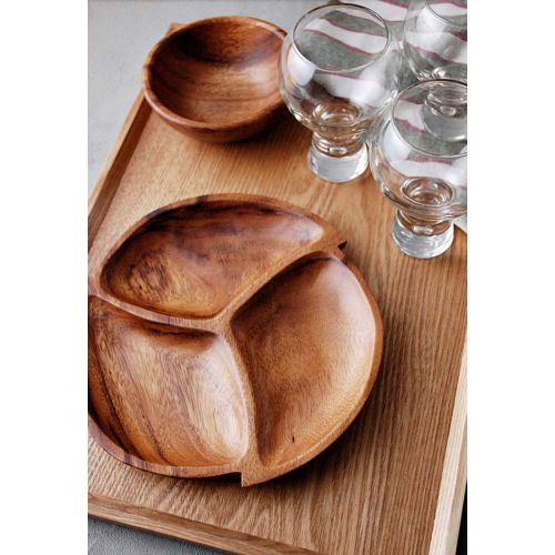  Living Plus Premium Acacia Wooden 3-Compartment Divided Round Wood Plate Divided Dessert Dish Serving Trays Platters 3 Section