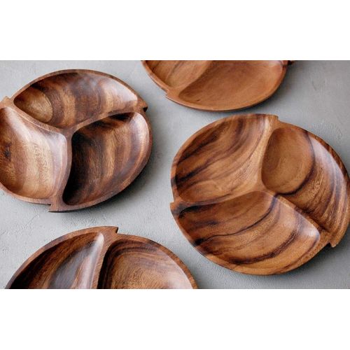  Living Plus Premium Acacia Wooden 3-Compartment Divided Round Wood Plate Divided Dessert Dish Serving Trays Platters 3 Section