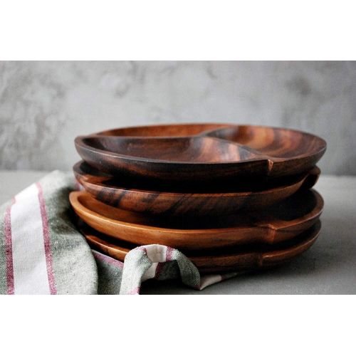  Living Plus Premium Acacia Wooden 3-Compartment Divided Round Wood Plate Divided Dessert Dish Serving Trays Platters 3 Section