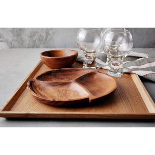  Living Plus Premium Acacia Wooden 3-Compartment Divided Round Wood Plate Divided Dessert Dish Serving Trays Platters 3 Section