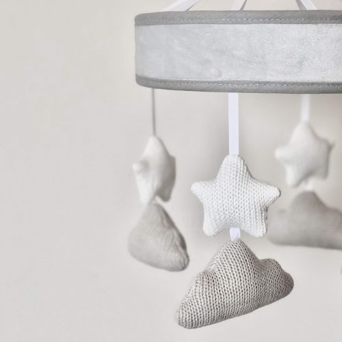  Living Textiles Baby Musical Mobile (White Stars). Knitted Shapes Crib Mobile for Nurseries.
