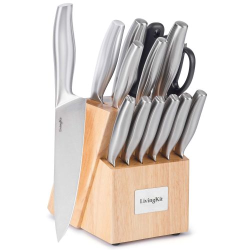  LivingKit Knife Block Set 14 Piece High Durability Stainless Steel Blades For Home Cooking Culinary School Commercial Kitchen