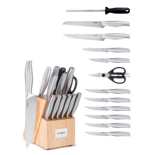  LivingKit Knife Block Set 14 Piece High Durability Stainless Steel Blades For Home Cooking Culinary School Commercial Kitchen