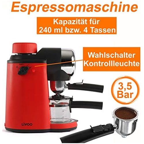  Domoclip Elektrische Espressomaschine Kaffeemaschine 4 Tassen Espressobereiter Rot Glaskanne (Kleine Cappuccino-Maschine mit Milchaufschaeumer, Kaffeepulver, 800 Watt)