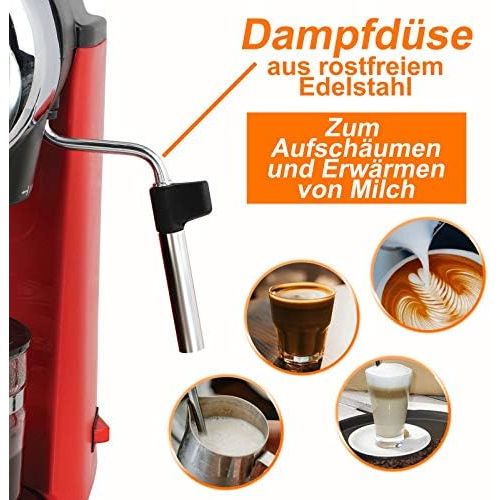  Domoclip Elektrische Espressomaschine Kaffeemaschine 4 Tassen Espressobereiter Rot Glaskanne (Kleine Cappuccino-Maschine mit Milchaufschaeumer, Kaffeepulver, 800 Watt)