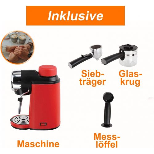  Domoclip Elektrische Espressomaschine Kaffeemaschine 4 Tassen Espressobereiter Rot Glaskanne (Kleine Cappuccino-Maschine mit Milchaufschaeumer, Kaffeepulver, 800 Watt)