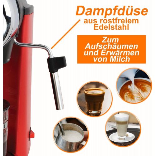  Domoclip Elektrische Espressomaschine Kaffeemaschine 4 Tassen Espressobereiter Rot Glaskanne (Kleine Cappuccino-Maschine mit Milchaufschaeumer, Kaffeepulver, 800 Watt)