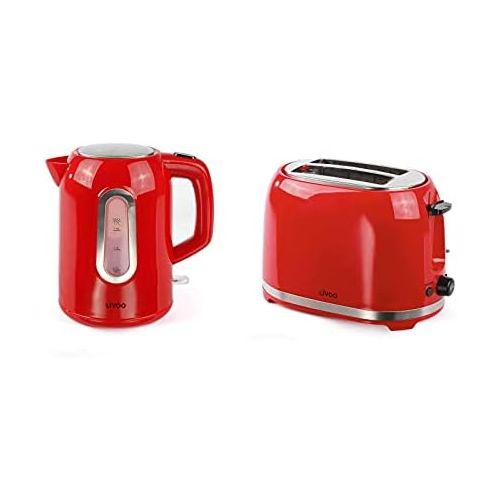  LIVOO Wasserkocher Kabellos und Toaster Rot Set Fruehstuecksset (Automatische Abschaltung, Verdecktes Heizelement, 1,7 Liter)