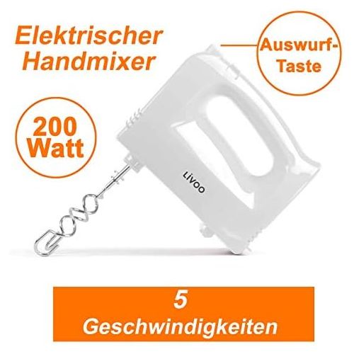  [아마존베스트]LIVOO Hand mixer for kitchen 5 stages hand mixer (dough hook, whisk, 200 watt, ejection button, mixer, stirrer, white)