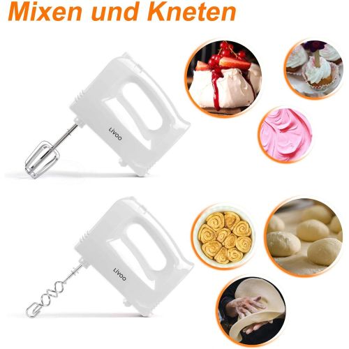  [아마존베스트]LIVOO Hand mixer for kitchen 5 stages hand mixer (dough hook, whisk, 200 watt, ejection button, mixer, stirrer, white)