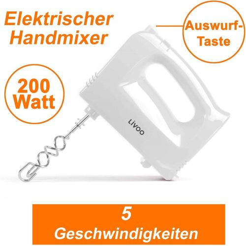  [아마존베스트]LIVOO Hand mixer for kitchen 5 stages hand mixer (dough hook, whisk, 200 watt, ejection button, mixer, stirrer, white)