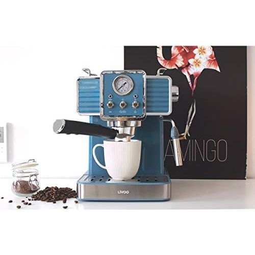  [아마존베스트]Livoo DOD174 Espresso Coffee Machine 15 Bar Thermoblock Steam Nozzle Cappuccino Hot Milk Retro Blue 1350W