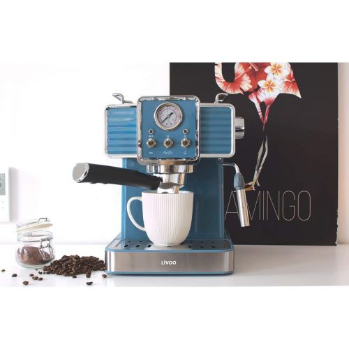  [아마존베스트]Livoo DOD174 Espresso Coffee Machine 15 Bar Thermoblock Steam Nozzle Cappuccino Hot Milk Retro Blue 1350W