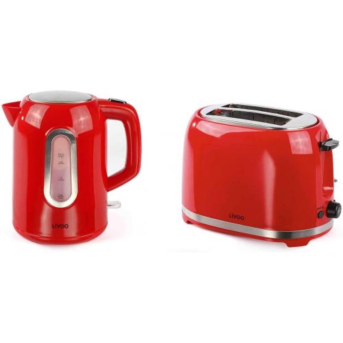  [아마존베스트]LIVOO Kettle Wireless and Toaster Red Breakfast Set (Automatic Shut-Off / Concealed Heating Element 1.7 Litres)