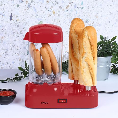  [아마존베스트]LIVOO Hot Dog Maker for 6 Sausages - Hot Dog Machine with Removable Heat Container - Sausage Warmer with Stainless Steel Skewers for Buns Warming