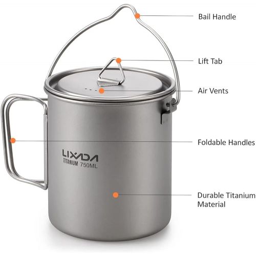  Lixada Camping Titanium Cookware Set,Partable Foldable Handles and with Lid Design with Pot,Water Cup,Spork and Windscreen for Outdoor Camping Hiking Backpacking(Optional)