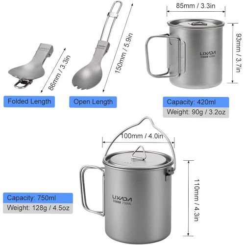  Lixada Camping Titanium Cookware Set,Partable Foldable Handles and with Lid Design with Pot,Water Cup,Spork and Windscreen for Outdoor Camping Hiking Backpacking(Optional)