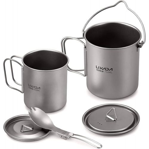  Lixada Camping Titanium Cookware Set,Partable Foldable Handles and with Lid Design with Pot,Water Cup,Spork and Windscreen for Outdoor Camping Hiking Backpacking(Optional)