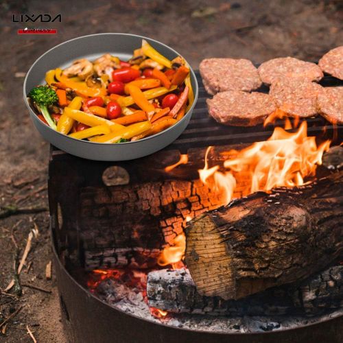  Lixada Camping Cookware Set - Titanium Wood Stove Frypan Ultra Light Portable Cooking Equipment Mess Kit Tools with Folding Handle for Picnic BBQ Camp Hiking