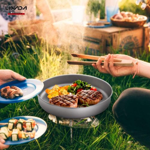  Lixada Camping Cookware Set - Titanium Wood Stove Frypan Ultra Light Portable Cooking Equipment Mess Kit Tools with Folding Handle for Picnic BBQ Camp Hiking