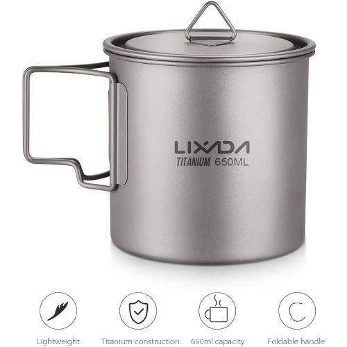  Lixada Camping Cookware Set - Ultralight Titanium Cup Mug - Camping Fry Pan Foldable Handle with Lid and Stuff Sack Titanium Pot