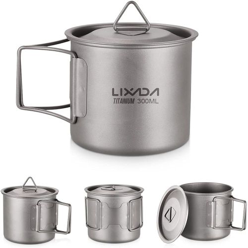  Lixada Camping Cookware Set - Ultralight Titanium Cup Mug - Camping Fry Pan Foldable Handle with Lid and Stuff Sack Titanium Pot