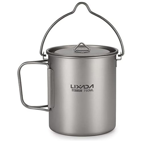  Lixada Camping Titanium Cookware Set,Partable Foldable Handles and with Lid Design with Pot,Water Cup,Spork and Windscreen for Outdoor Camping Hiking Backpacking(Optional)