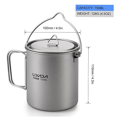  Lixada Camping Titanium Cookware Set,Partable Foldable Handles and with Lid Design with Pot,Water Cup,Spork and Windscreen for Outdoor Camping Hiking Backpacking(Optional)