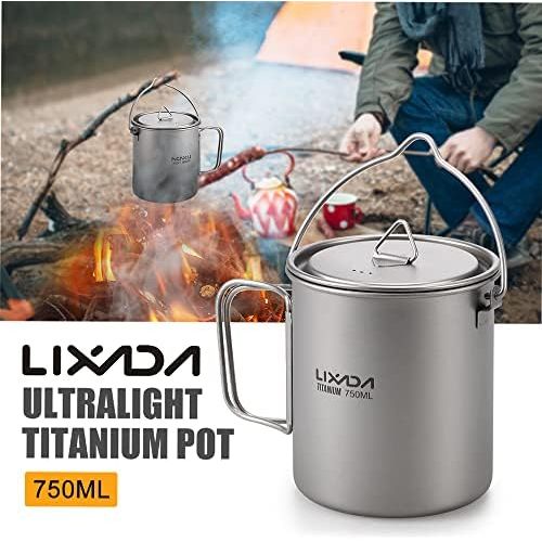  Lixada Camping Titanium Cookware Set,Partable Foldable Handles and with Lid Design with Pot,Water Cup,Spork and Windscreen for Outdoor Camping Hiking Backpacking(Optional)