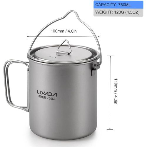  Lixada Camping Titanium Cookware Set,Partable Foldable Handles and with Lid Design with Pot,Water Cup,Spork and Windscreen for Outdoor Camping Hiking Backpacking(Optional)