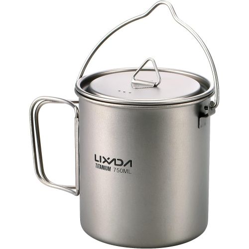  Lixada Camping Titanium Cookware Set,Partable Foldable Handles and with Lid Design with Pot,Water Cup,Spork and Windscreen for Outdoor Camping Hiking Backpacking(Optional)