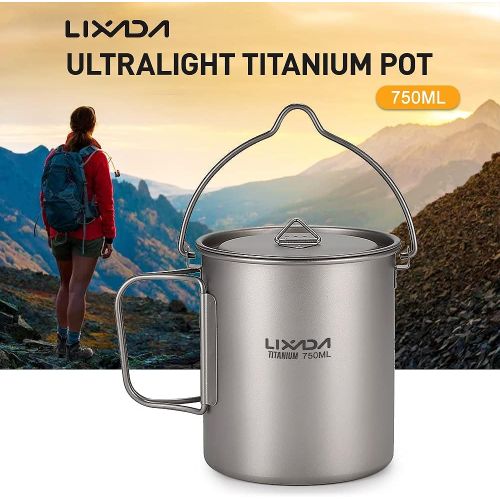  Lixada Camping Titanium Cookware Set,Partable Foldable Handles and with Lid Design with Pot,Water Cup,Spork and Windscreen for Outdoor Camping Hiking Backpacking(Optional)