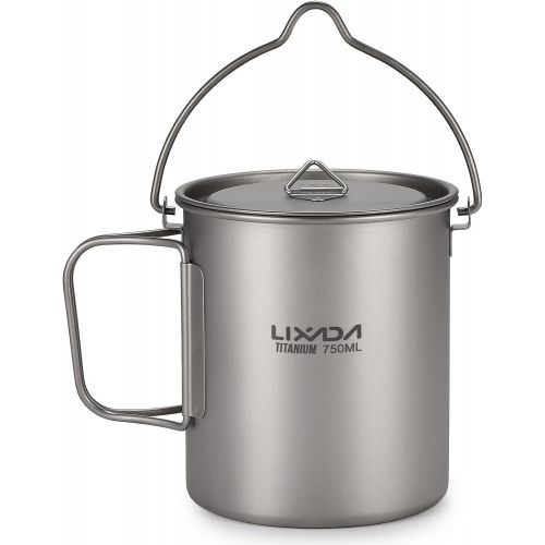  Lixada Camping Titanium Cookware Set,Partable Foldable Handles and with Lid Design with Pot,Water Cup,Spork and Windscreen for Outdoor Camping Hiking Backpacking(Optional)